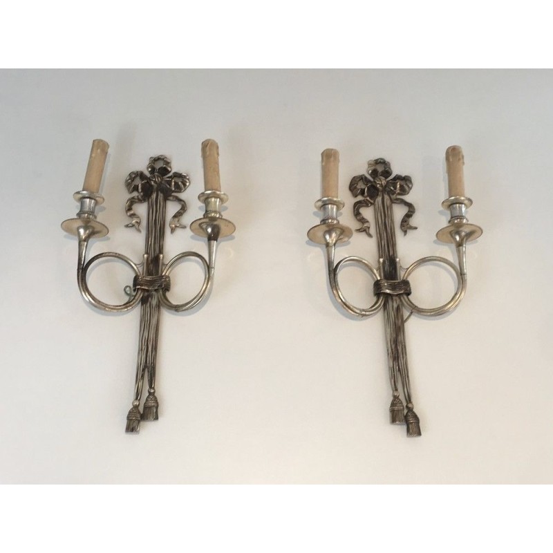 Pair of Neoclassical Silvered Bronze Wall Sconces with Ribbons and Hunting Horns, Maison Baguès, French, circa 1960