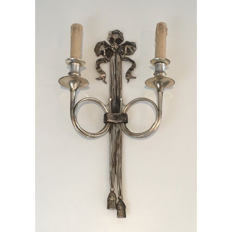 Pair of Neoclassical Silvered Bronze Wall Sconces with Ribbons and Hunting Horns, Maison Baguès, French, circa 1960
