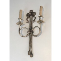 Pair of Neoclassical Silvered Bronze Wall Sconces with Ribbons and Hunting Horns, Maison Baguès, French, circa 1960