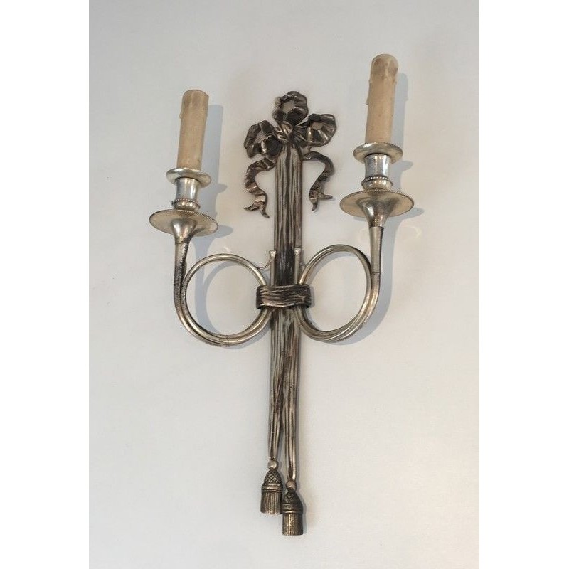 Pair of Neoclassical Silvered Bronze Wall Sconces with Ribbons and Hunting Horns, Maison Baguès, French, circa 1960
