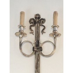 Pair of Neoclassical Silvered Bronze Wall Sconces with Ribbons and Hunting Horns, Maison Baguès, French, circa 1960