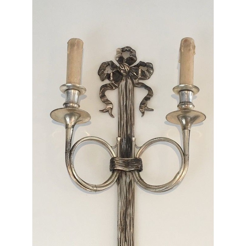 Pair of Neoclassical Silvered Bronze Wall Sconces with Ribbons and Hunting Horns, Maison Baguès, French, circa 1960