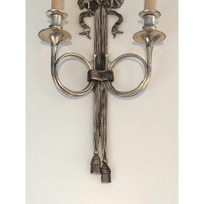 Pair of Neoclassical Silvered Bronze Wall Sconces with Ribbons and Hunting Horns, Maison Baguès, French, circa 1960