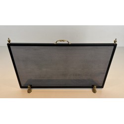 Neoclassical Steel, Brass and Wire Mesh Fireplace Screen with Bronze Claw Feet, French Work, circa 1940
