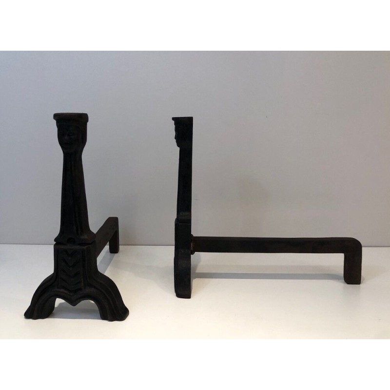 Pair of Neo-Gothic Cast Iron Andirons, French Work, circa 1950