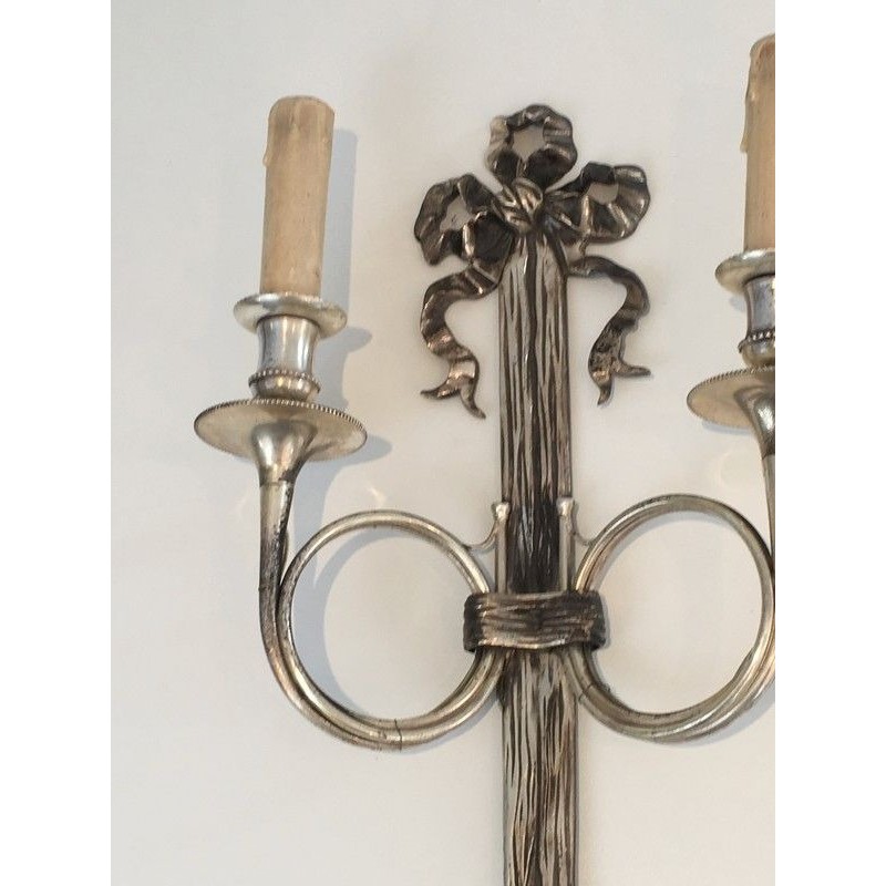 Pair of Neoclassical Silvered Bronze Wall Sconces with Ribbons and Hunting Horns, Maison Baguès, French, circa 1960