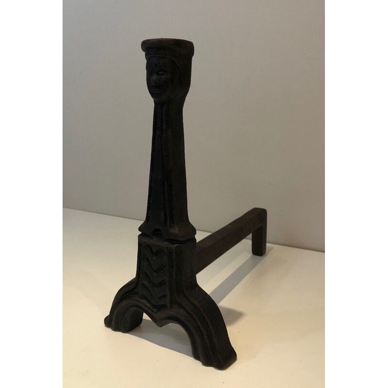 Pair of Neo-Gothic Cast Iron Andirons, French Work, circa 1950