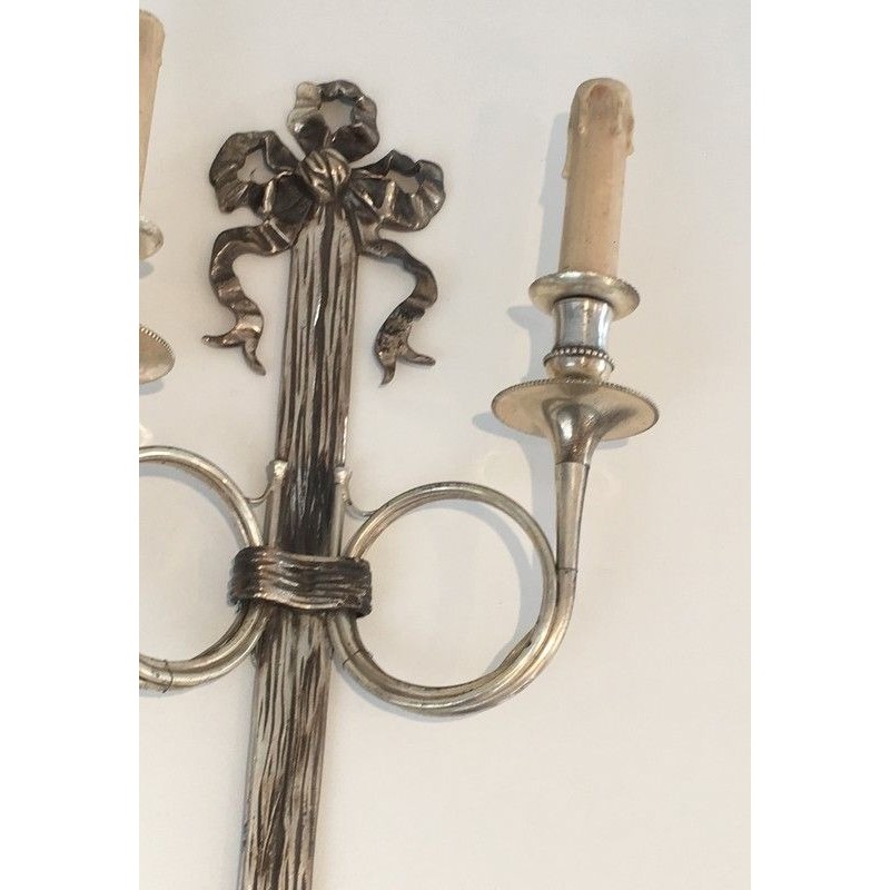 Pair of Neoclassical Silvered Bronze Wall Sconces with Ribbons and Hunting Horns, Maison Baguès, French, circa 1960