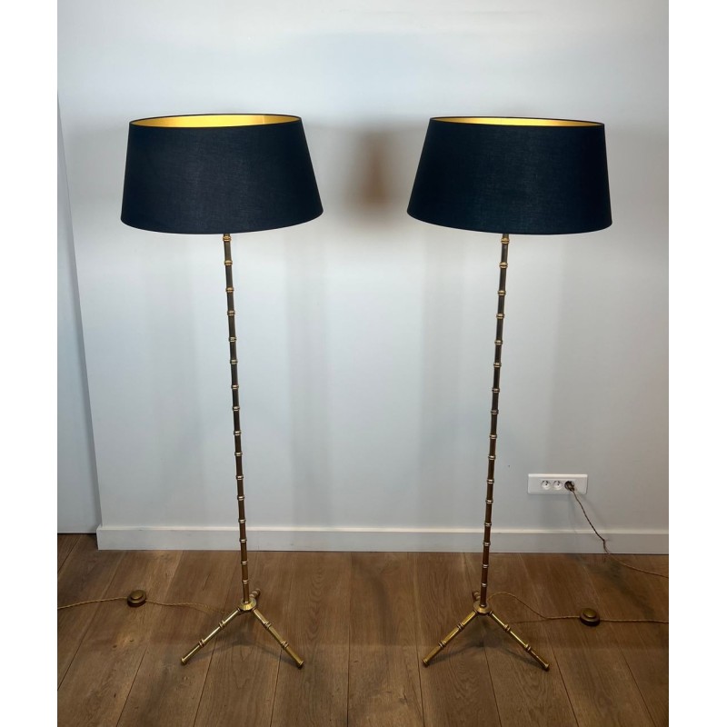 Pair of Faux-Bamboo Bronze and Brass Floor Lamps, Jacques Adnet, circa 1940