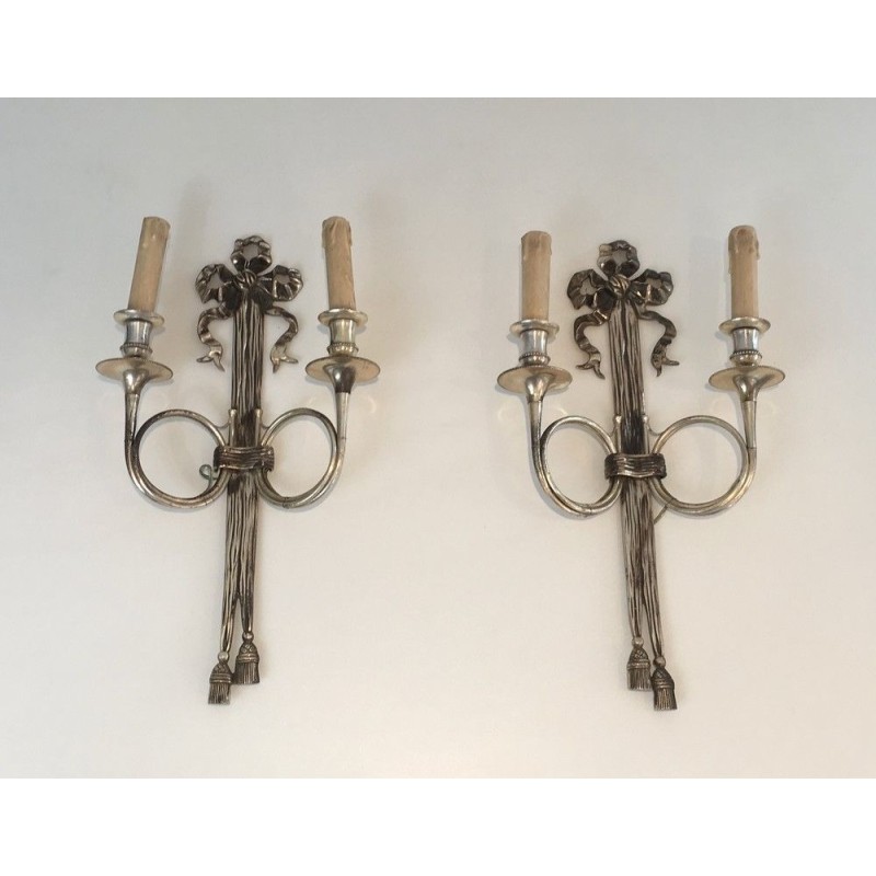 Pair of Neoclassical Silvered Bronze Wall Sconces with Ribbons and Hunting Horns, Maison Baguès, French, circa 1960