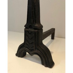 Pair of Neo-Gothic Cast Iron Andirons, French Work, circa 1950