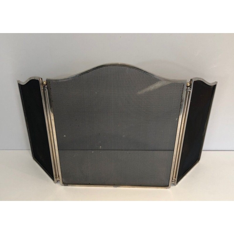 Silvered Metal and Wire Mesh Fireplace Screen, French Work, circa 1970
