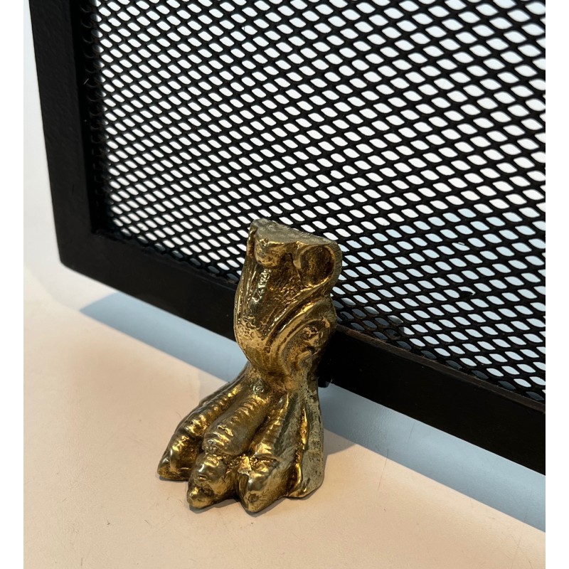Neoclassical Steel, Brass and Wire Mesh Fireplace Screen with Bronze Claw Feet, French Work, circa 1940