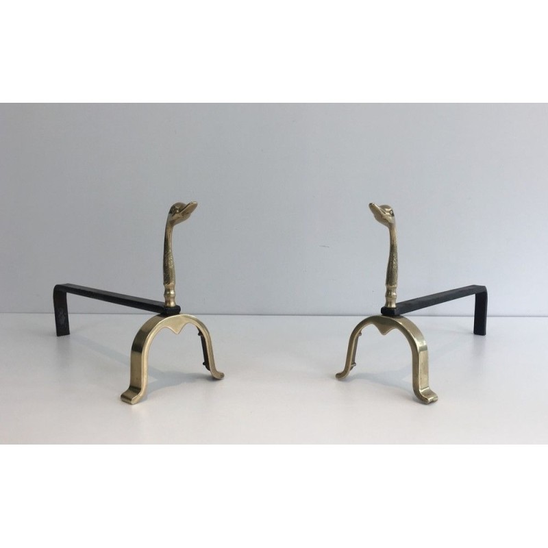 Pair of Brass and Wrought Iron Duck Andirons, in the Style of Maison Jansen, French, circa 1970
