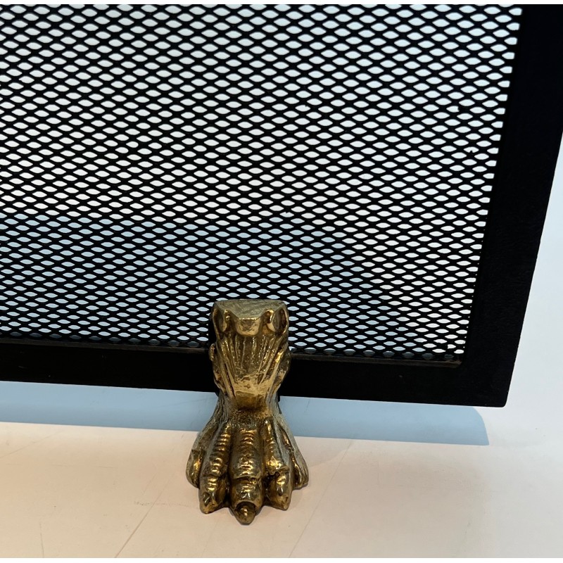 Neoclassical Steel, Brass and Wire Mesh Fireplace Screen with Bronze Claw Feet, French Work, circa 1940