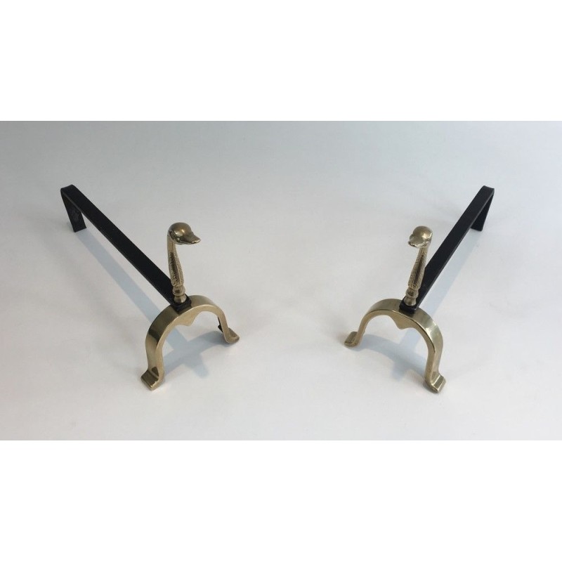 Pair of Brass and Wrought Iron Duck Andirons, in the Style of Maison Jansen, French, circa 1970