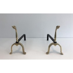 Pair of Brass and Wrought Iron Duck Andirons, in the Style of Maison Jansen, French, circa 1970