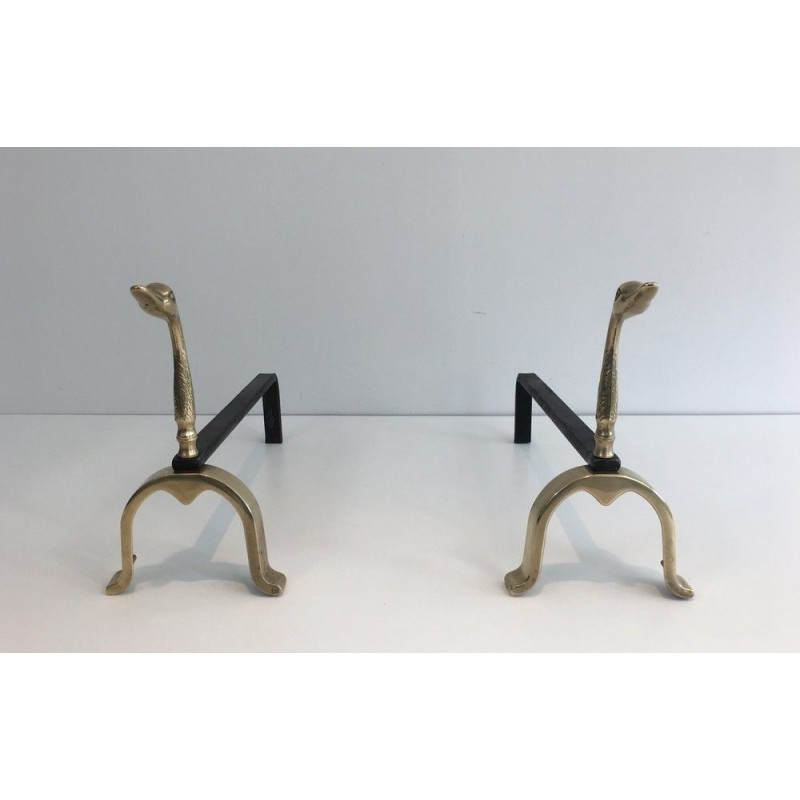 Pair of Brass and Wrought Iron Duck Andirons, in the Style of Maison Jansen, French, circa 1970