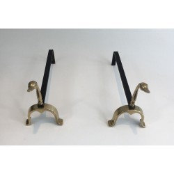 Pair of Brass and Wrought Iron Duck Andirons, in the Style of Maison Jansen, French, circa 1970