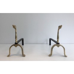 Pair of Brass and Wrought Iron Duck Andirons, in the Style of Maison Jansen, French, circa 1970