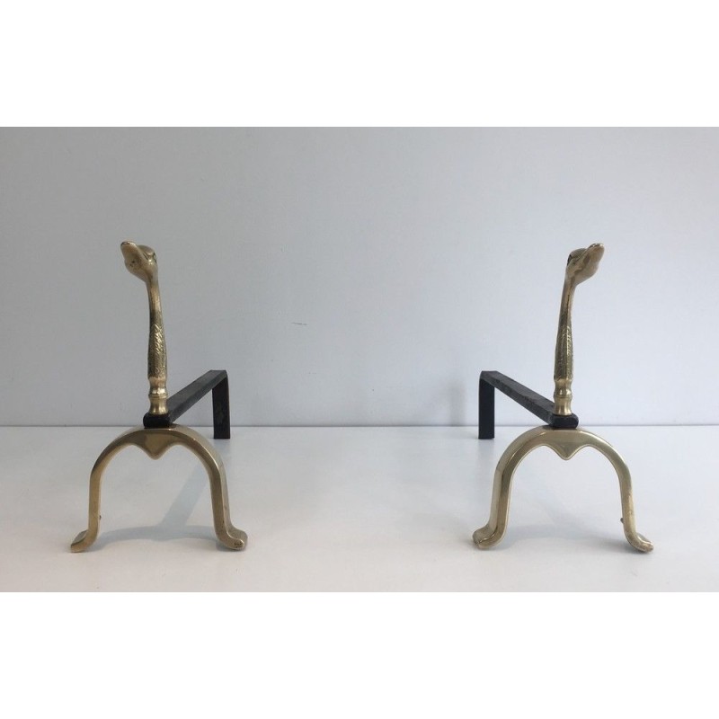 Pair of Brass and Wrought Iron Duck Andirons, in the Style of Maison Jansen, French, circa 1970