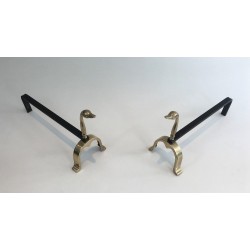Pair of Brass and Wrought Iron Duck Andirons, in the Style of Maison Jansen, French, circa 1970