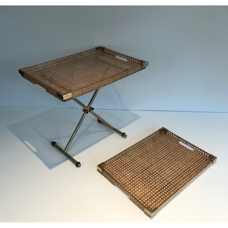 Pair of Lucite and Caned Serving Plate with One Folding Base