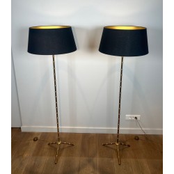 Paire de Lampadaires de Parquet Façon Faux-Bambou en Bronze et Laiton de Jacques Adnet