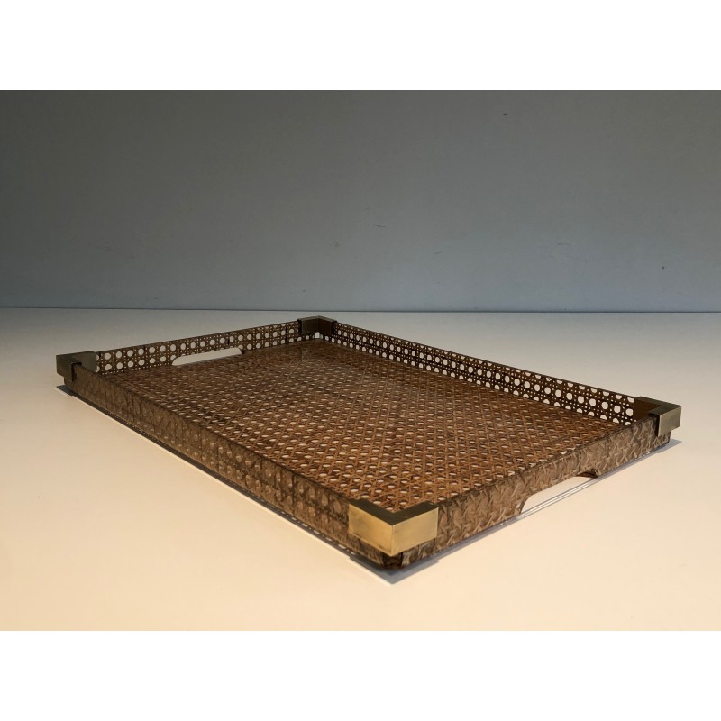 Pair of Lucite and Caned Serving Plate with One Folding Base