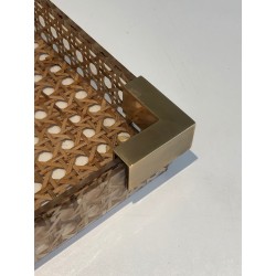 Pair of Lucite and Caned Serving Plate with One Folding Base