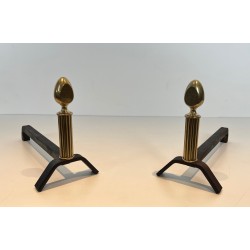 Pair of Neoclassical Brass and Wrought Iron Andirons, French Work, circa 1940