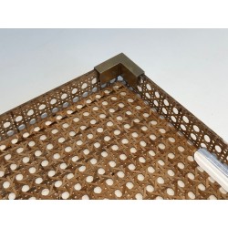 Pair of Lucite and Caned Serving Plate with One Folding Base