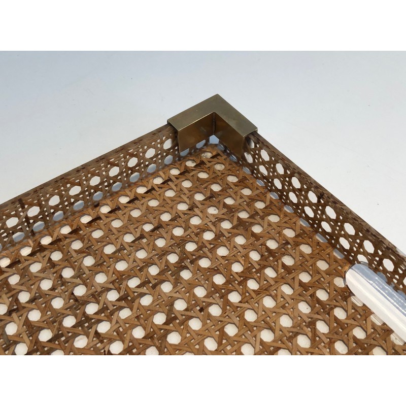 Pair of Lucite and Caned Serving Plate with One Folding Base