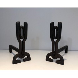 Paire de Chenets Modernistes en Fonte et Fer Forgé, Travail Français, vers 1970
