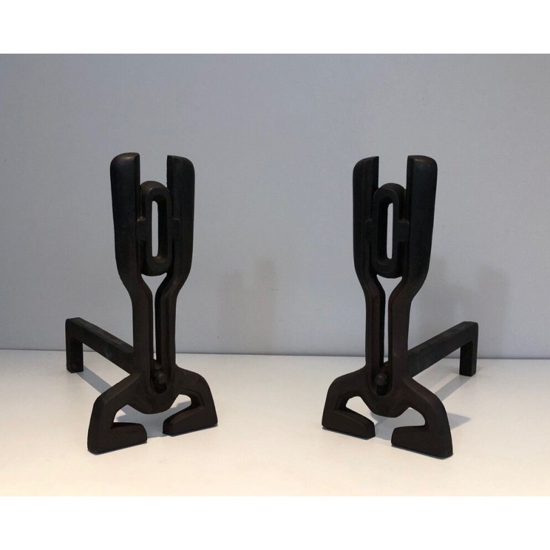 Pair of Modernist Cast Iron and Wrought Iron Andirons, French Work, circa 1970