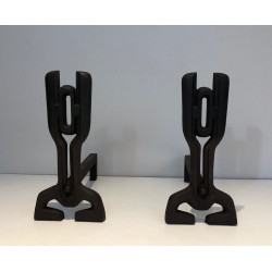 Pair of Modernist Cast Iron and Wrought Iron Andirons, French Work, circa 1970