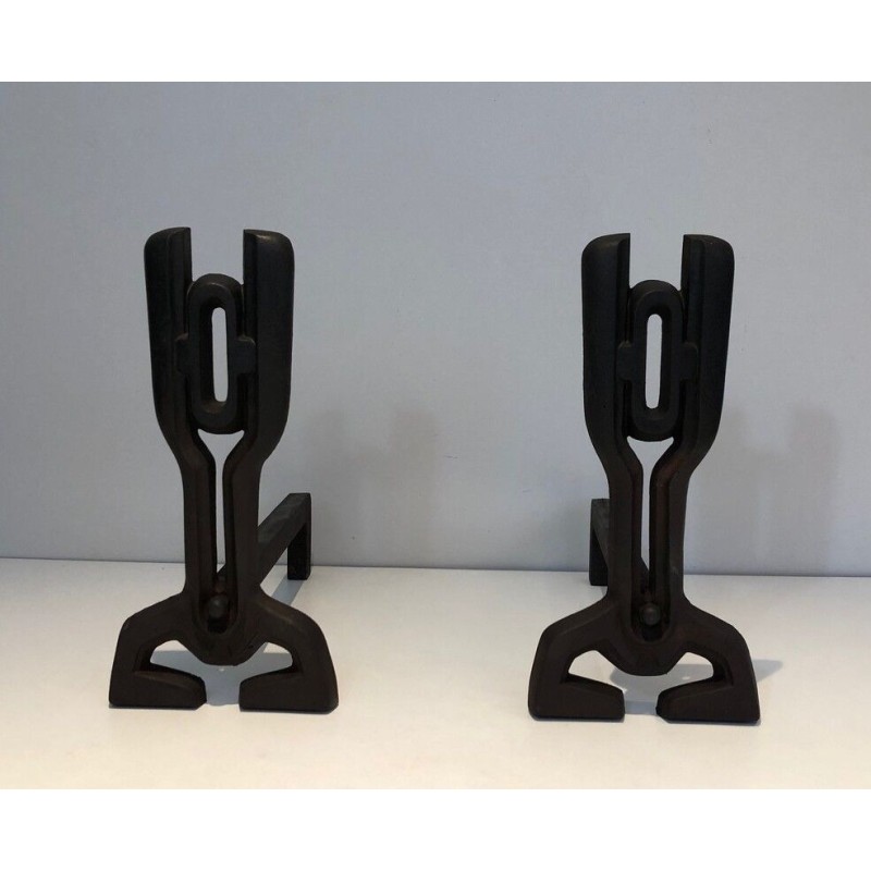 Paire de Chenets Modernistes en Fonte et Fer Forgé, Travail Français, vers 1970