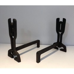 Pair of Modernist Cast Iron and Wrought Iron Andirons, French Work, circa 1970