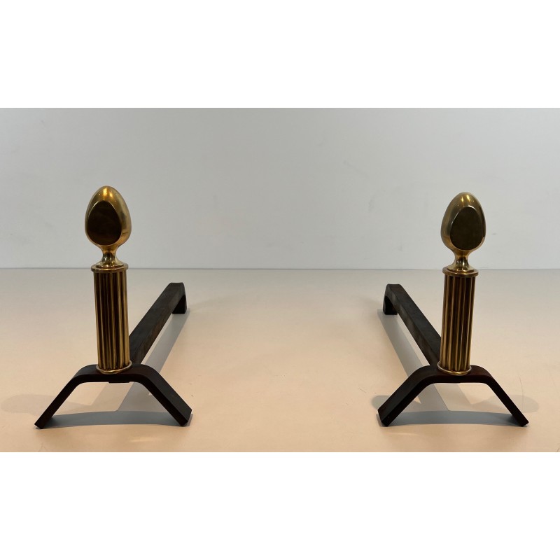 Pair of Neoclassical Brass and Wrought Iron Andirons, French Work, circa 1940