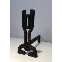 Paire de Chenets Modernistes en Fonte et Fer Forgé, Travail Français, vers 1970