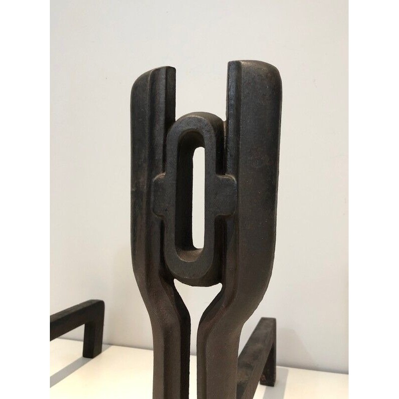 Pair of Modernist Cast Iron and Wrought Iron Andirons, French Work, circa 1970