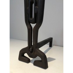 Paire de Chenets Modernistes en Fonte et Fer Forgé, Travail Français, vers 1970
