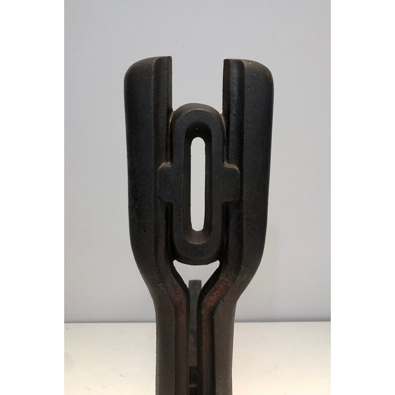 Paire de Chenets Modernistes en Fonte et Fer Forgé, Travail Français, vers 1970