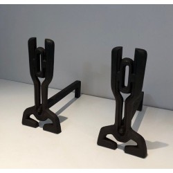 Paire de Chenets Modernistes en Fonte et Fer Forgé, Travail Français, vers 1970