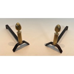 Pair of Neoclassical Brass and Wrought Iron Andirons, French Work, circa 1940