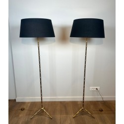 Pair of Faux-Bamboo Bronze and Brass Floor Lamps, Jacques Adnet, circa 1940