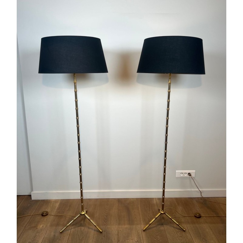 Paire de Lampadaires Faux-Bambou en Bronze et Laiton, Jacques Adnet, vers 1940
