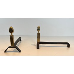 Pair of Neoclassical Brass and Wrought Iron Andirons, French Work, circa 1940