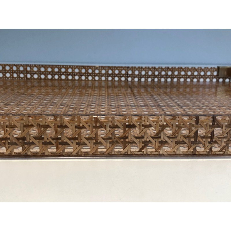 Pair of Lucite and Caned Serving Plate with One Folding Base