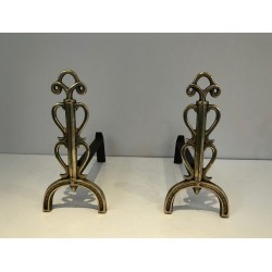 Paire de Chenets en Laiton et Fer Forgé, dans le Goût de Raymond Subes, vers 1940